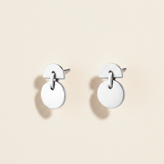 Silver-tone half moon and full moon stud earrings with circular drop charm