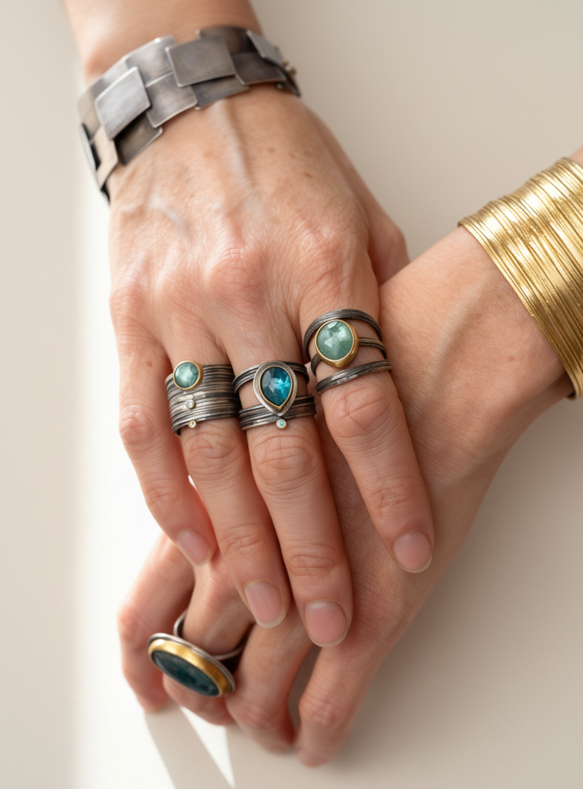 Silver rings with green and blue gemstones, including pear-shaped teardrops on hand