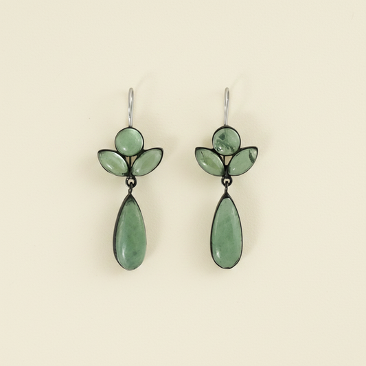 Green lotus blossom drop earrings with oval and petal stones