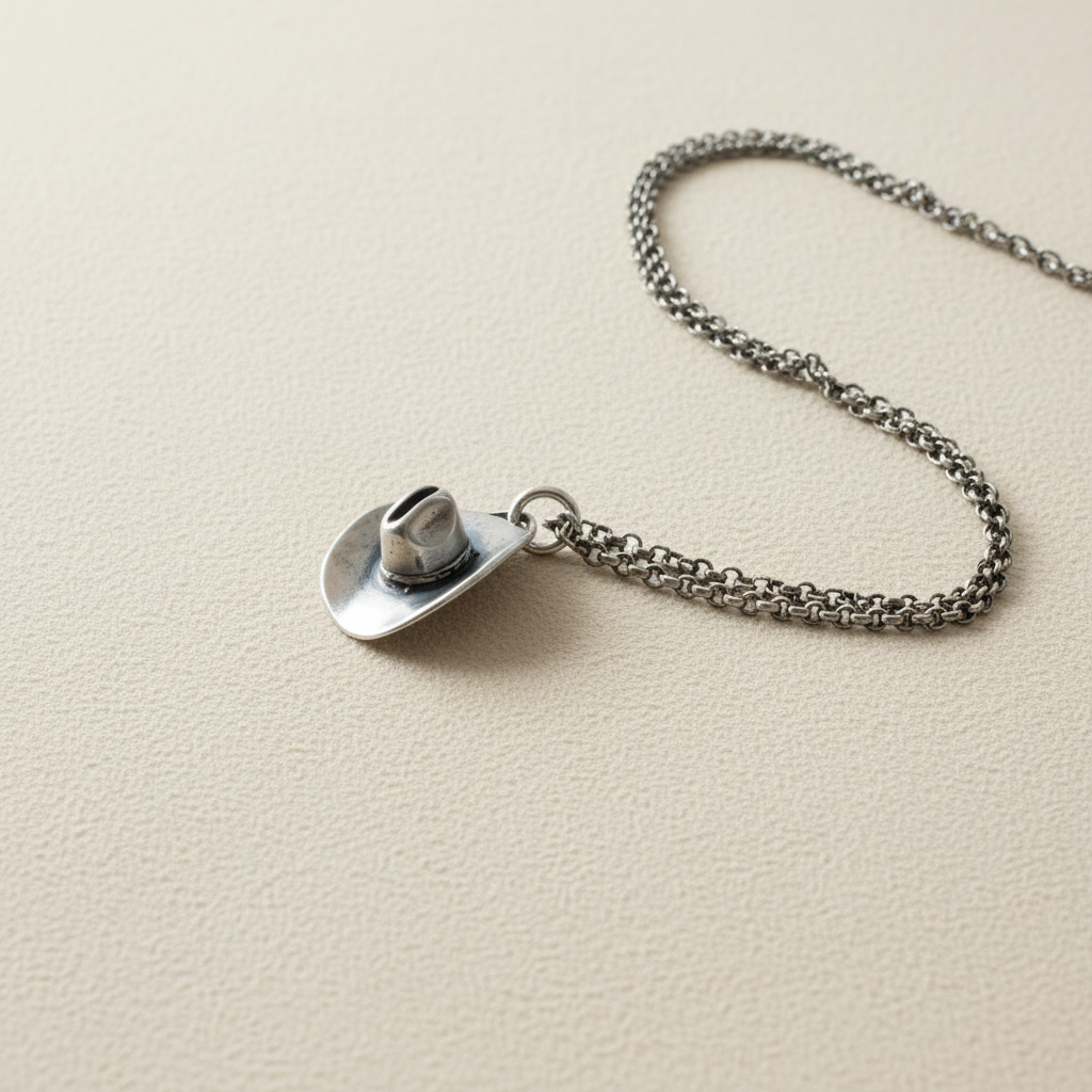 Silver-tone cowboy hat pendant necklace with circular hat charm on link chain