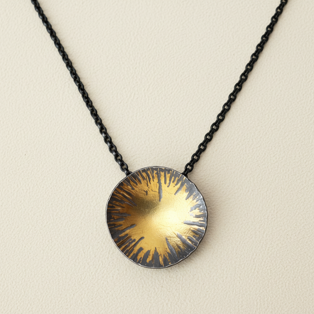 Spark necklace with round gold pendant and black chain