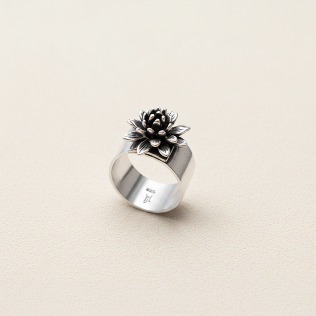 Adjustable silver ring with raised black flower cluster and small light center