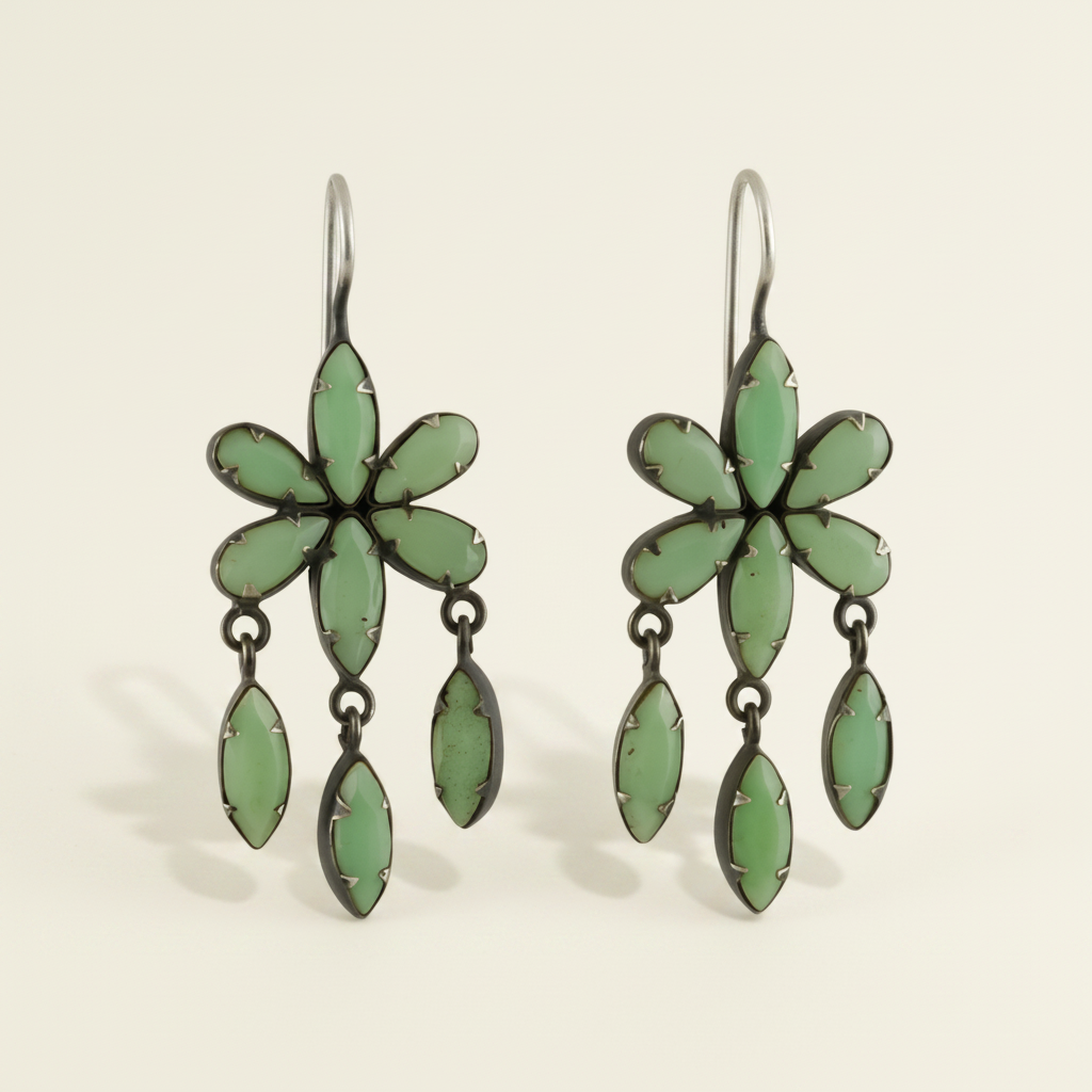 Chrysoprase green flower drop earrings with faceted marquise dangles and fishhook backs