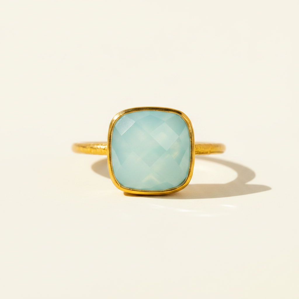 Square gold vermeil ring with light blue chalcedony gemstone in bezel setting