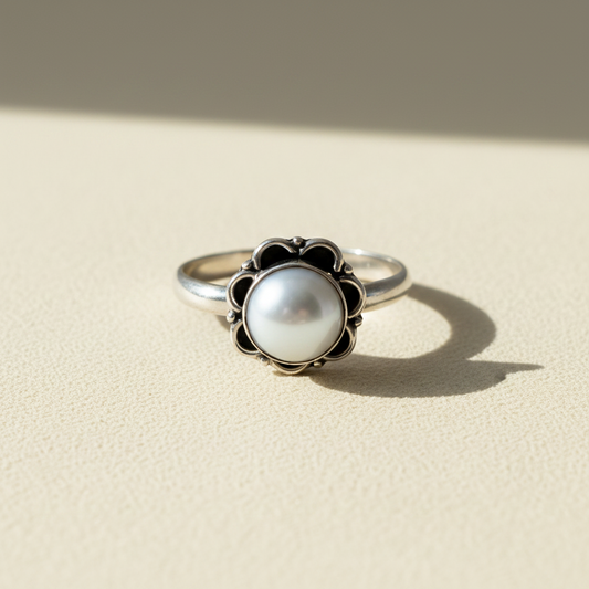Round white pearl ring with dark decorative border around the bezel