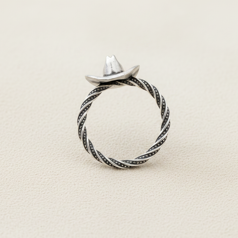 Sterling-style cowboy hat ring with twisted rope band and black accent trim