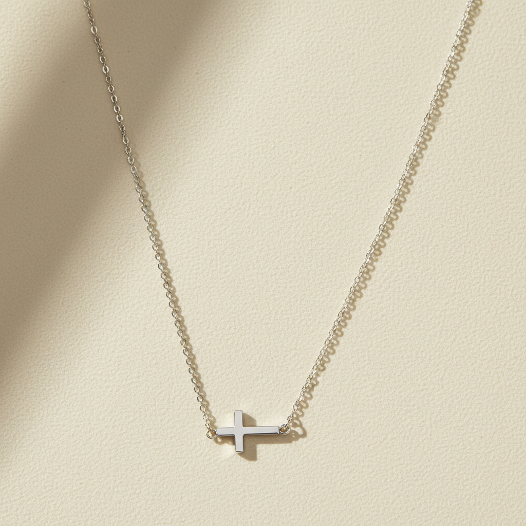 Sideways cross necklace with small silver-tone cross pendant on a chain