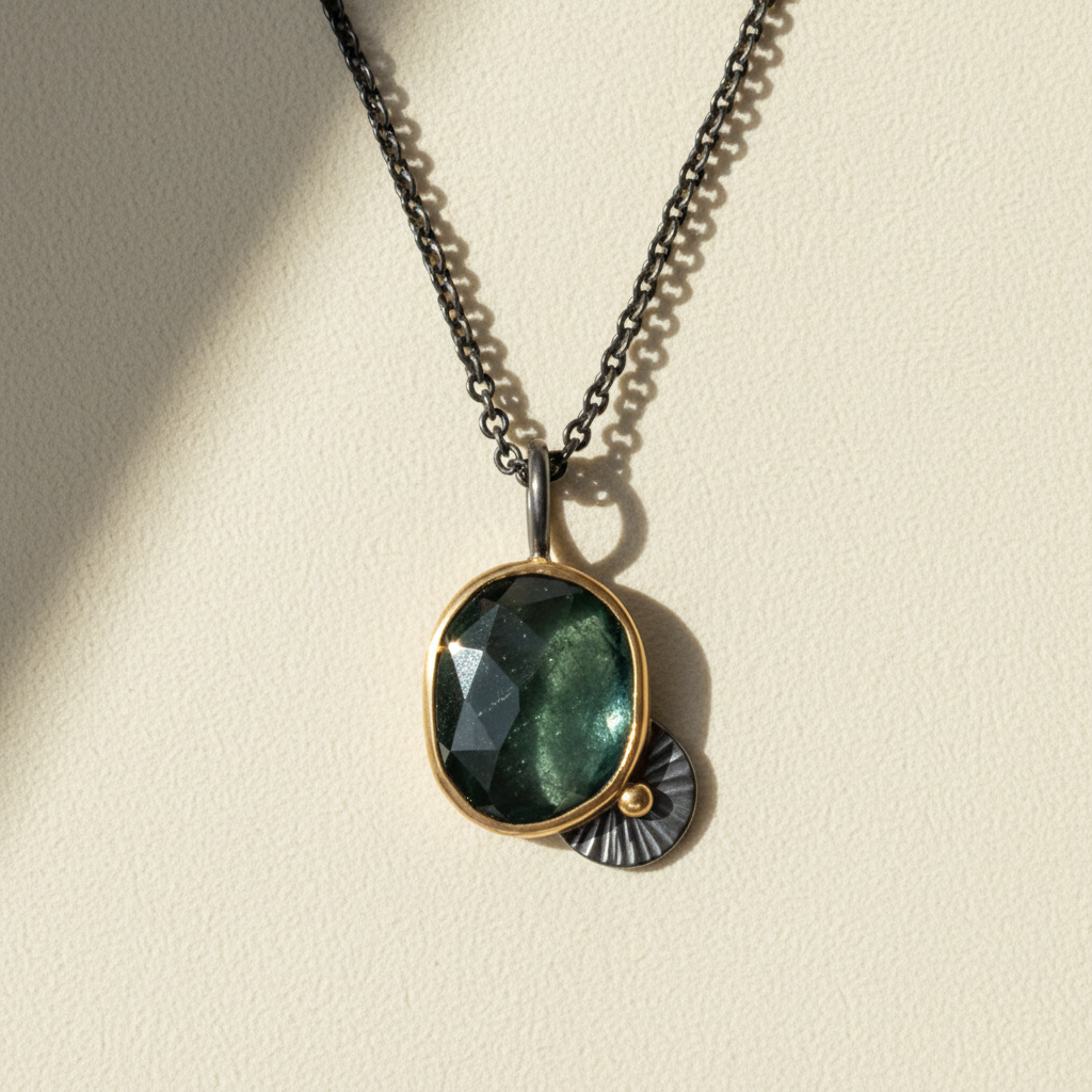 Gunmetal chain necklace with dark teal gemstone pendant and ridged edges