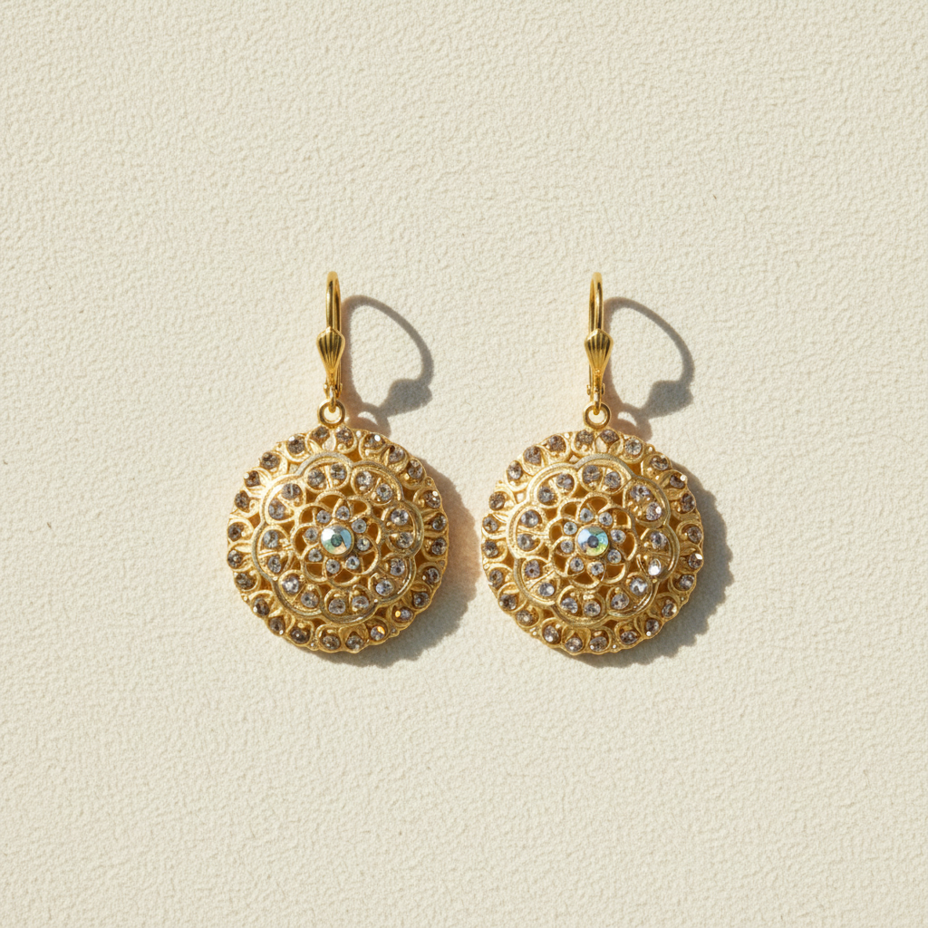 Gold-tone round dangle earrings with crystal border and blue center detail