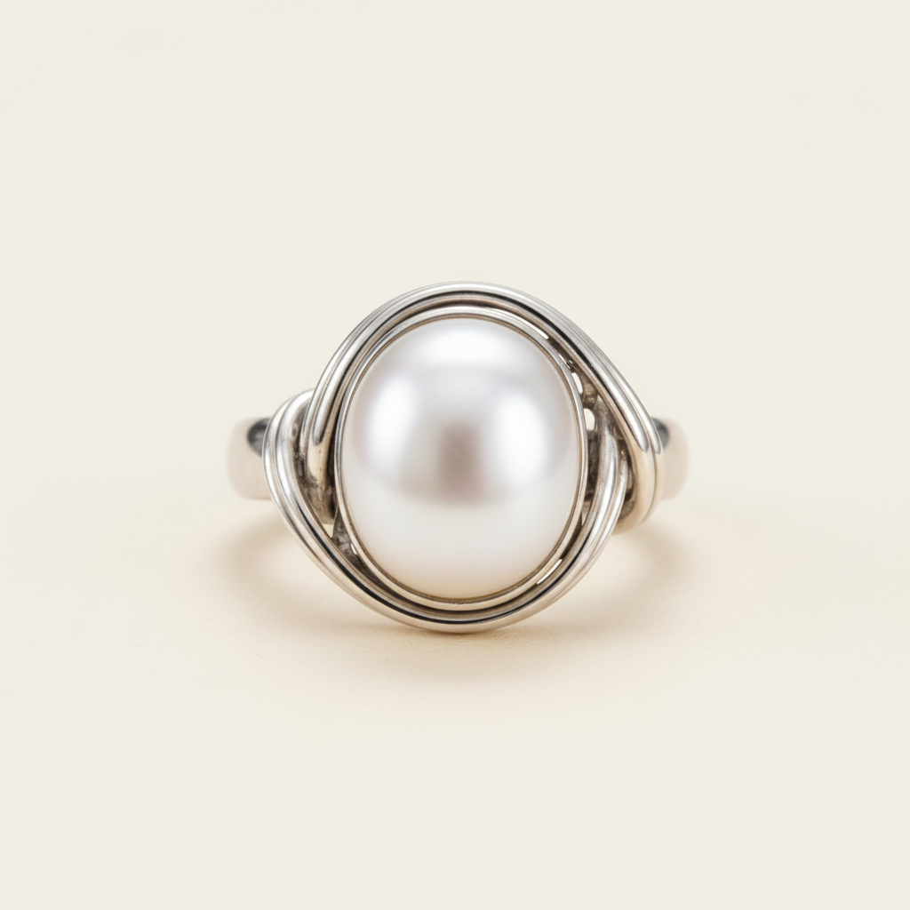 Sterling silver ring with oval white pearl encircled by three curved wire bands, size 8.5