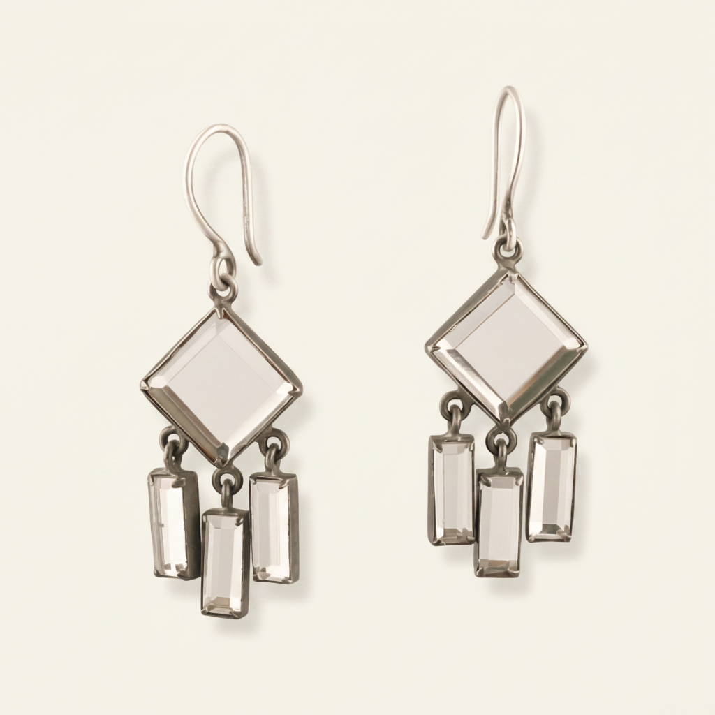 Clear quartz chandelier earrings with square top and three dangling clear crystal drops