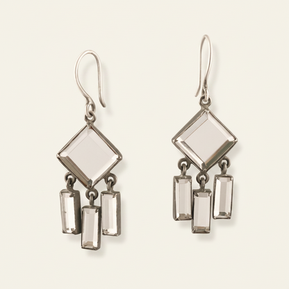 Clear quartz chandelier earrings with square top and three dangling clear crystal drops