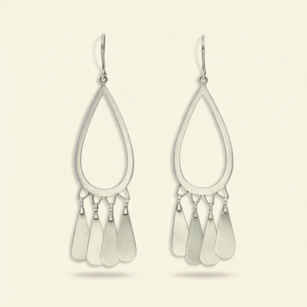 Long silver tear-drop dangle earrings with small fringe drops