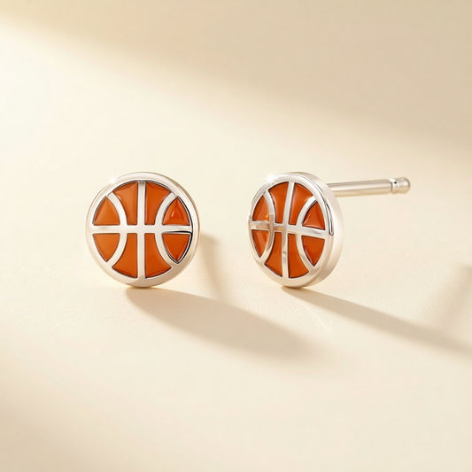Orange basketball motif stud earrings with round silver-tone bezel and post backs
