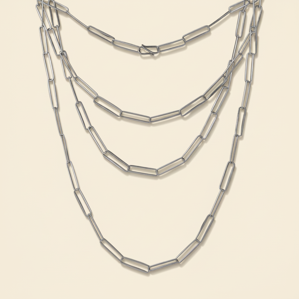 Triple-strand paperclip-link chain necklace with silver-tone linked segments.