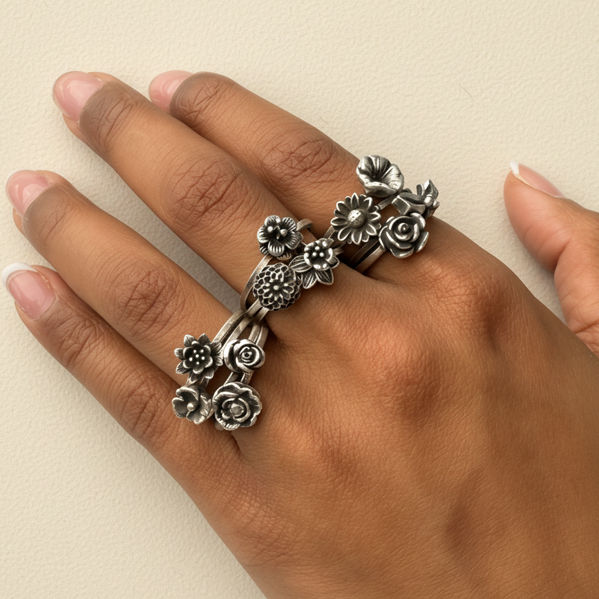 Sterling silver flower bouquet rings with mixed blossom charms on fingers