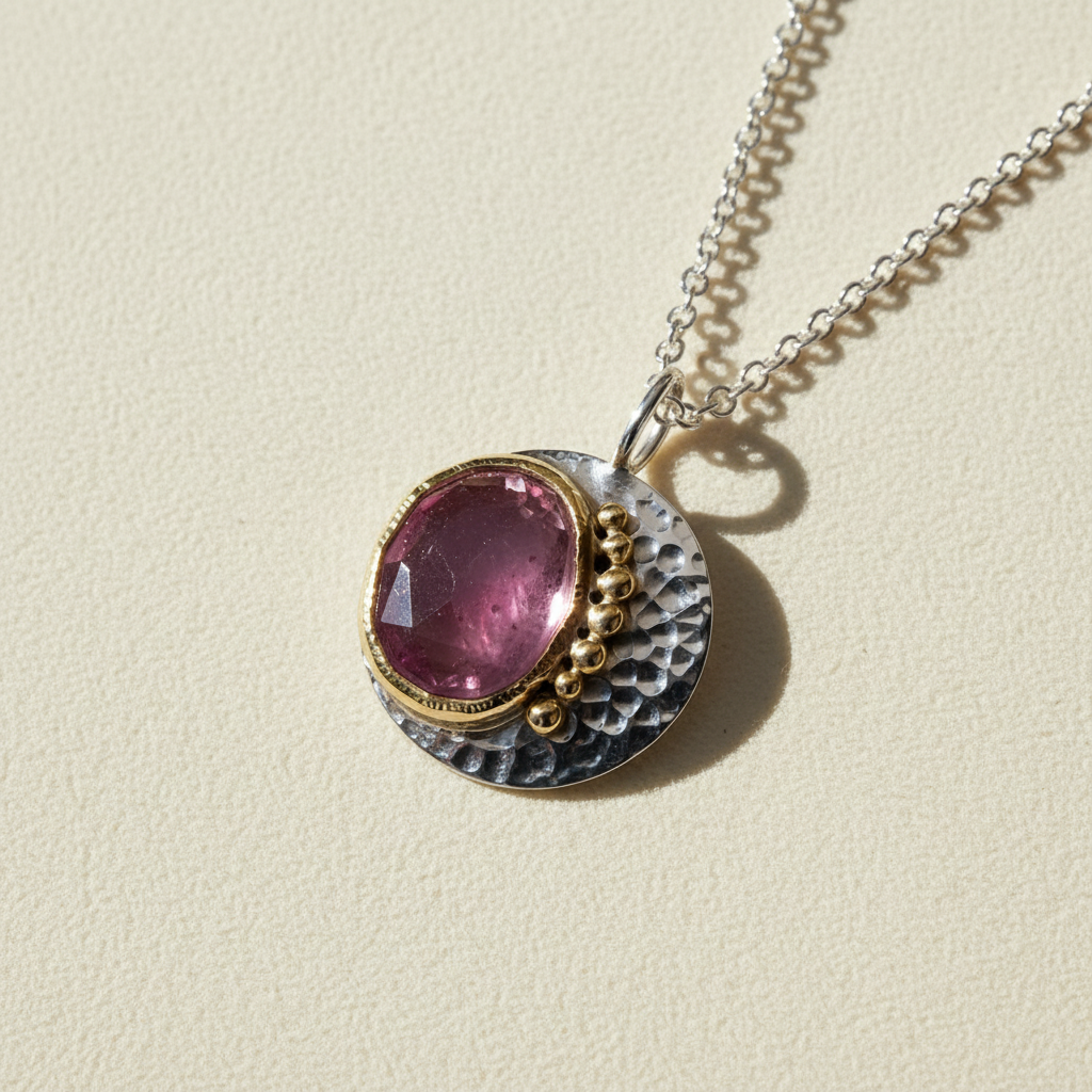 Round pendant necklace with pink gemstone, gold bezel, textured silver reverse