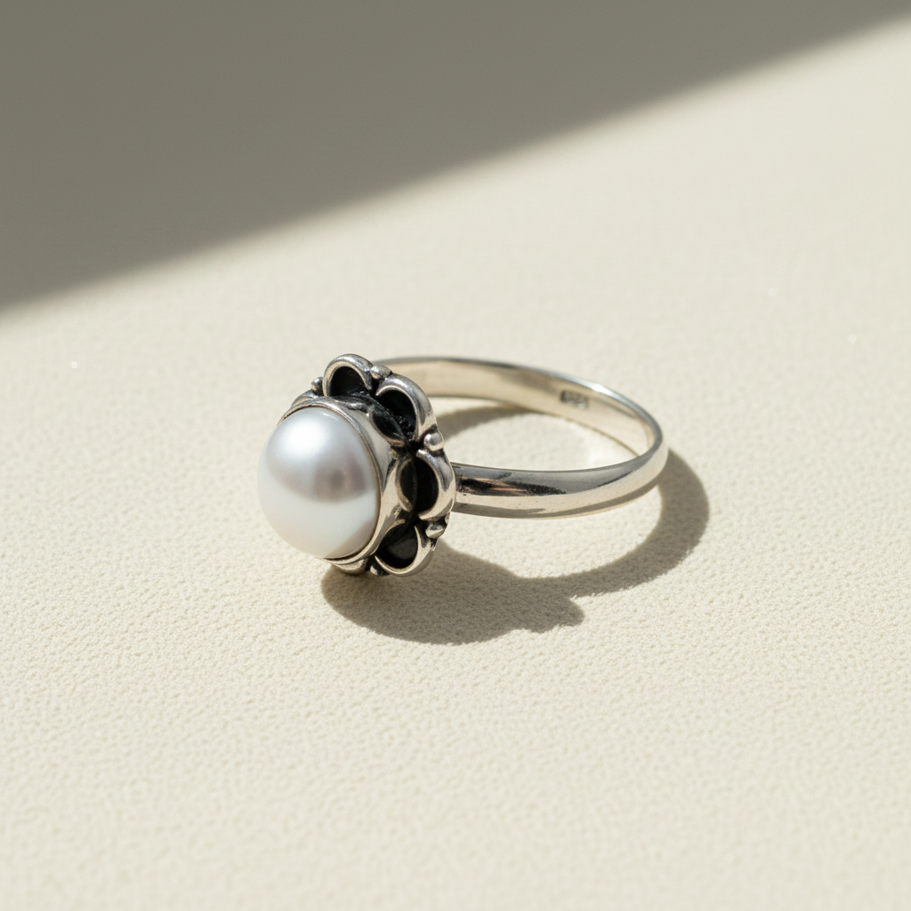South Sea pearl ring with round white pearl and black scalloped bezel