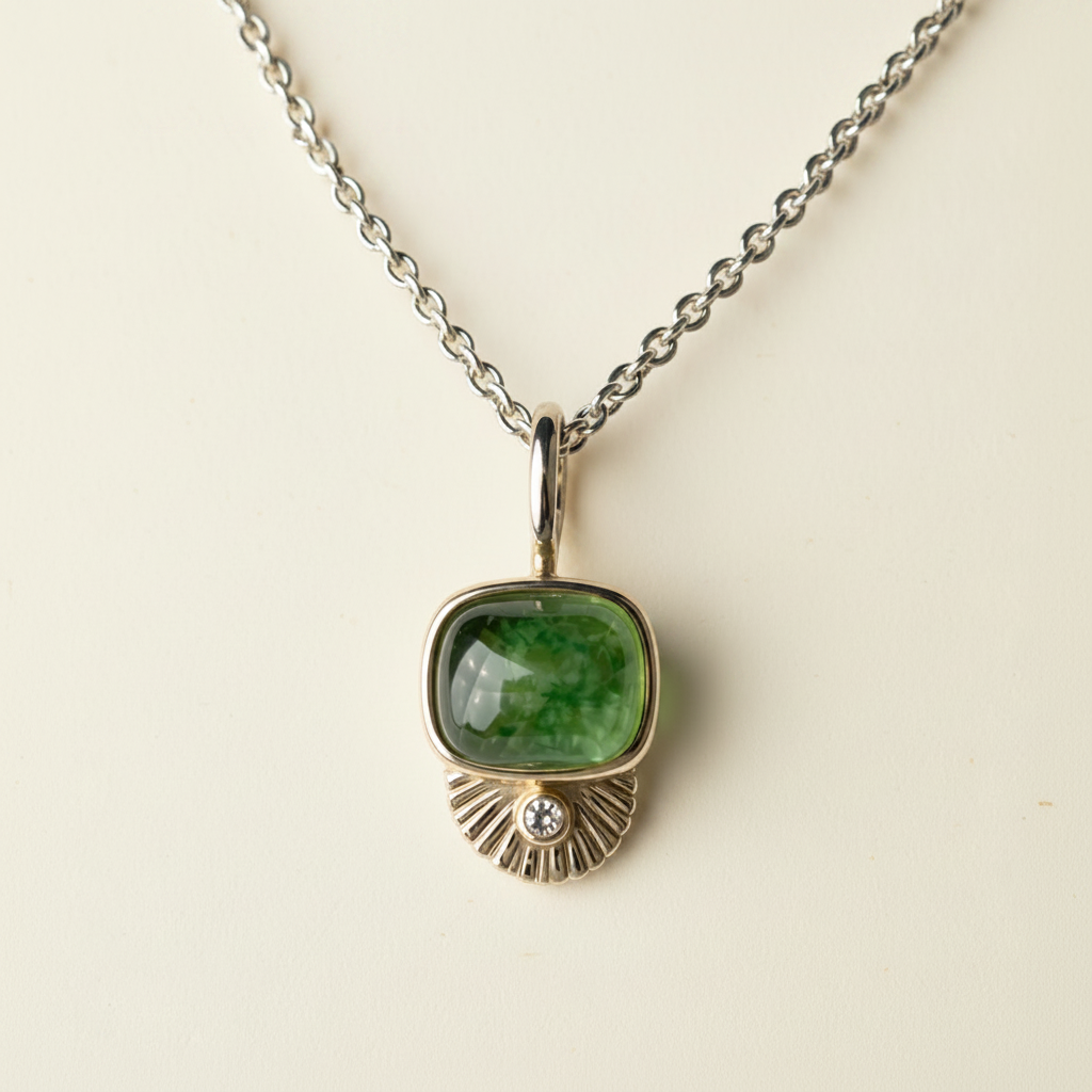 Necklace with a green gemstone pendant on a white background
