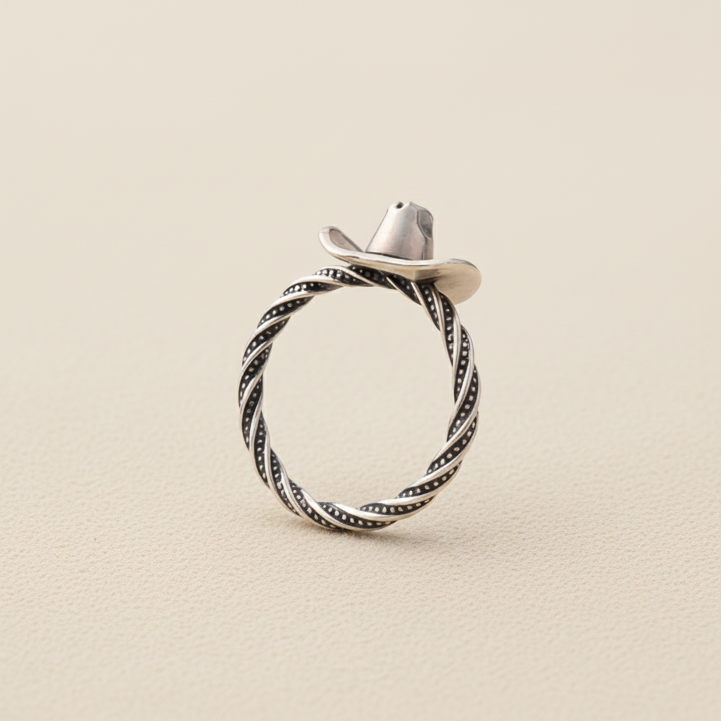 Silver cowboy hat ring with braided rope band and dark swirl detailing