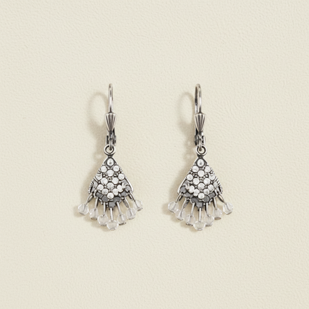 Silver lace fan drop earrings with dangling filigree and bead details