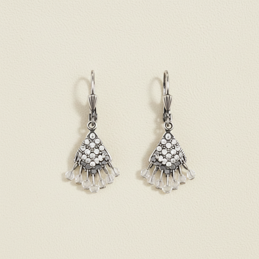Silver lace fan drop earrings with dangling filigree and bead details
