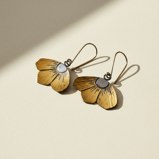 Gold-tone fan-shaped flower earrings with hook backs and gray round details