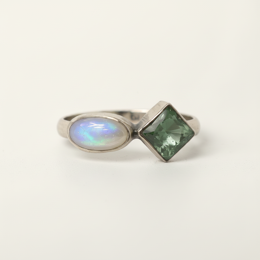 Double stone stacking ring with iridescent oval and green square gemstone on silver