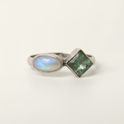 Double stone stacking ring with iridescent oval and green square gemstone on silver