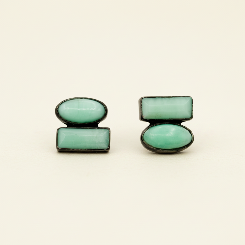 Oval and baguette green chrysoprase stud earrings, black-tone bezels, pair