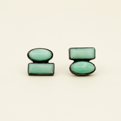 Oval and baguette green chrysoprase stud earrings, black-tone bezels, pair