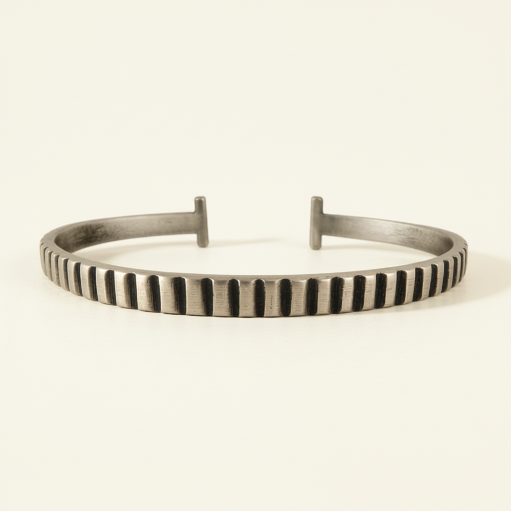 Silver striped cuff bracelet with vertical carved ridges and two raised end bars