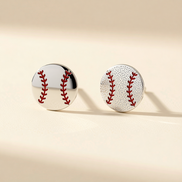 Baseball stud earrings with red stitched ball design and silver posts