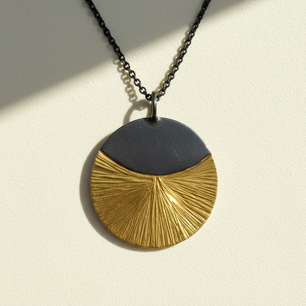 Mixed metal circular pendant necklace with black top and gold textured fan half