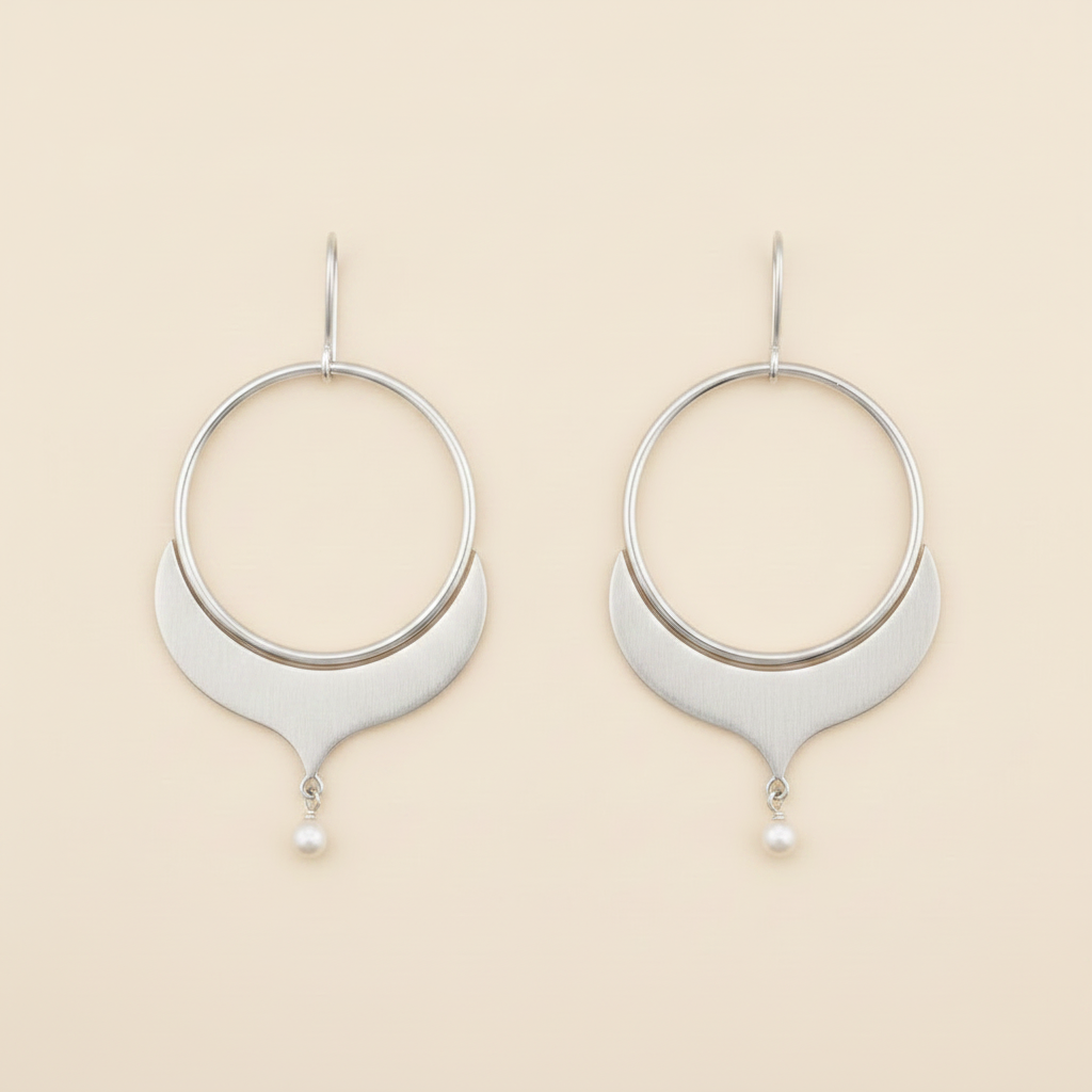 Large Alhambra hoop earrings with textured crescent drop and small pearl, silver tone