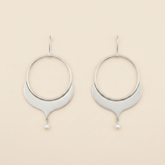 Large Alhambra hoop earrings with textured crescent drop and small pearl, silver tone