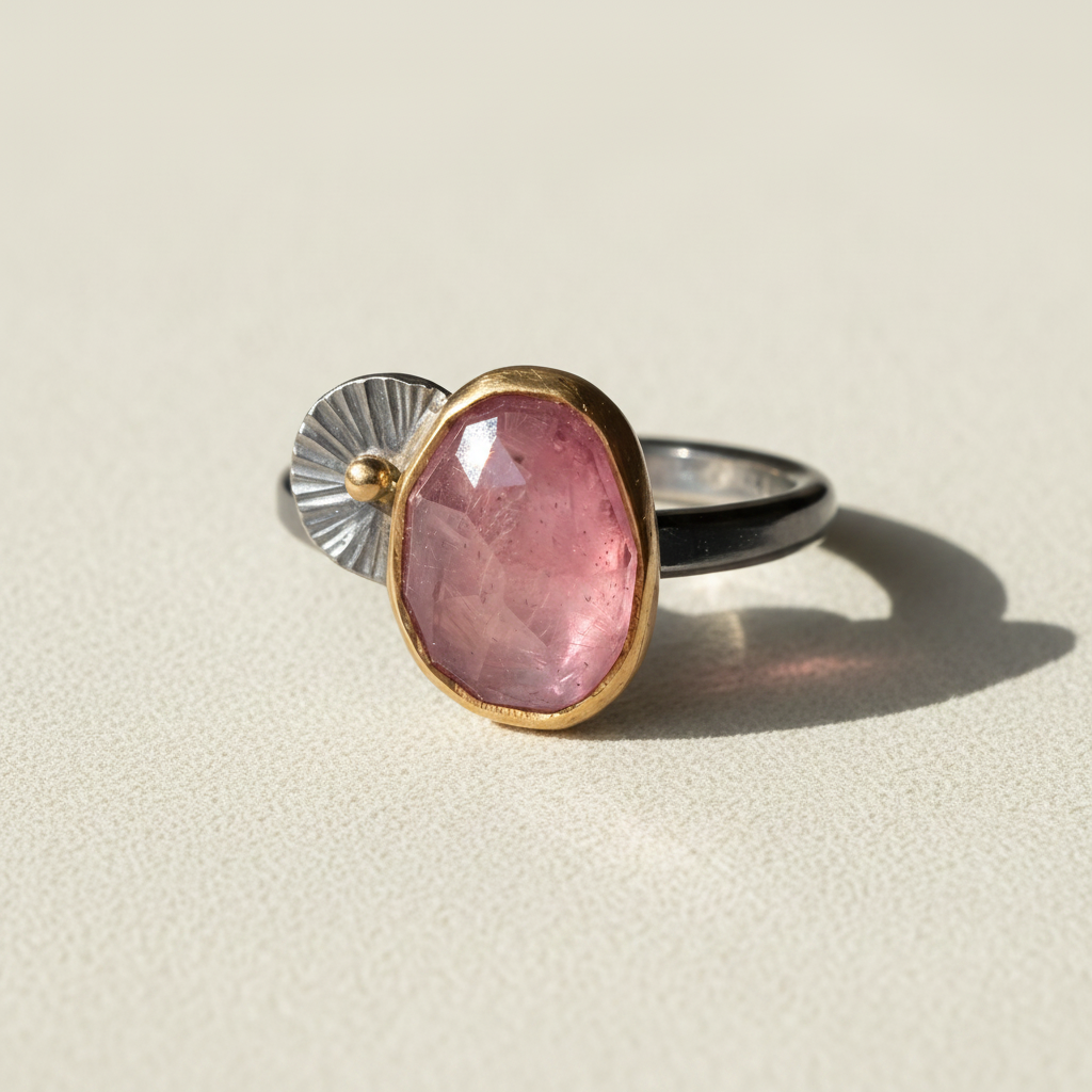 Minimal oval pink gemstone ring, silver band with gold backing and oval bezel setting