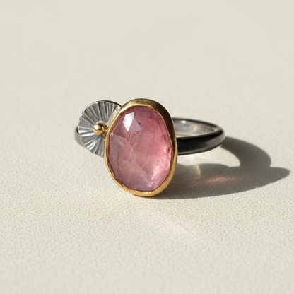 Minimal oval pink gemstone ring, silver band with gold backing and oval bezel setting