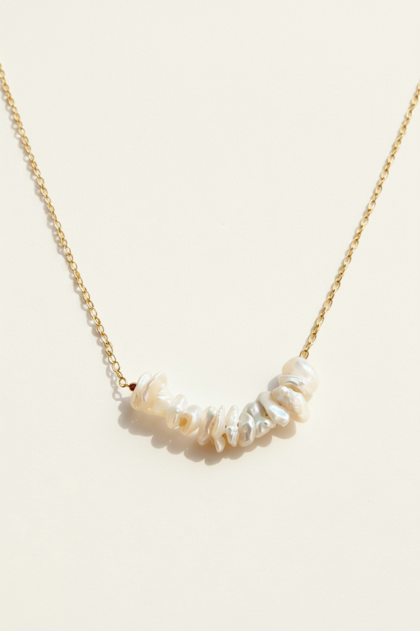 Keishi pearl row necklace, gold chain with white irregular pearls along curve