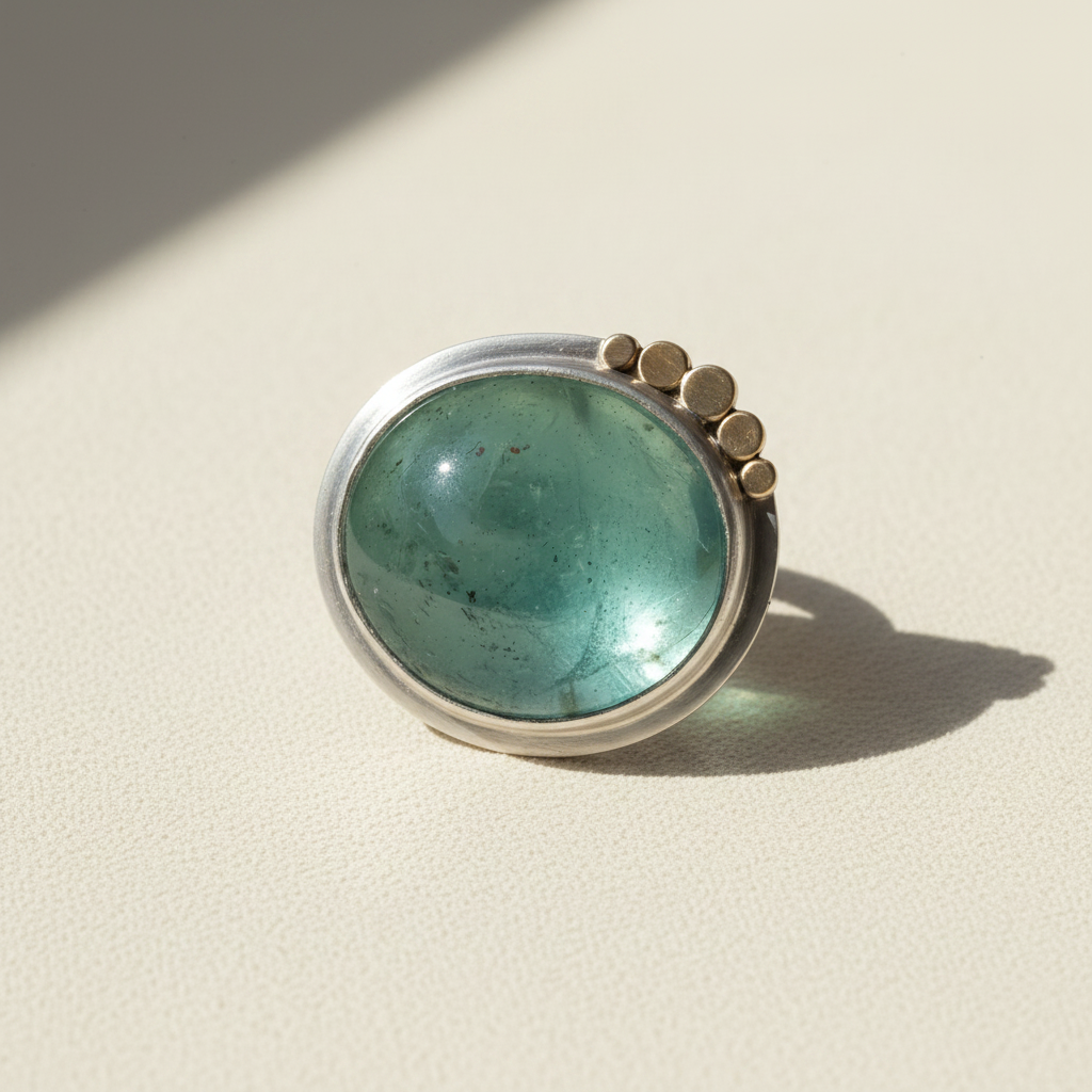 Round green gemstone cabochon ring with silver bezel and small gold-tone accents