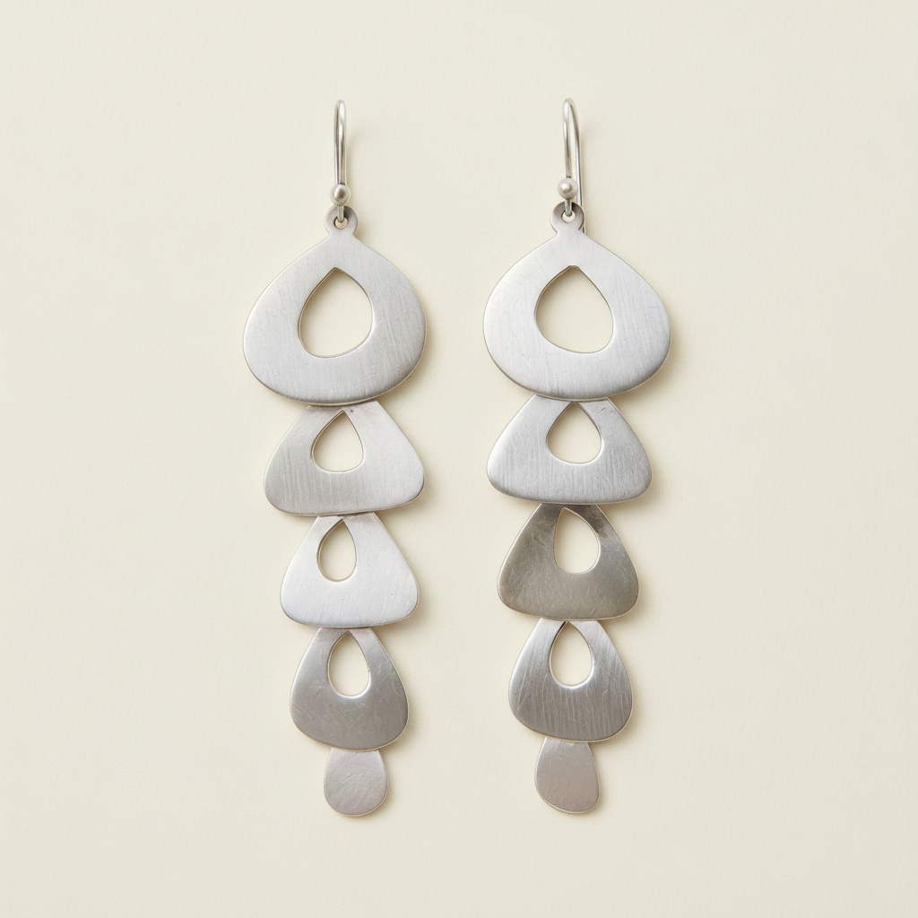 Five-tier cascade drop earrings with five brushed teardrop charms, silver-tone hooks