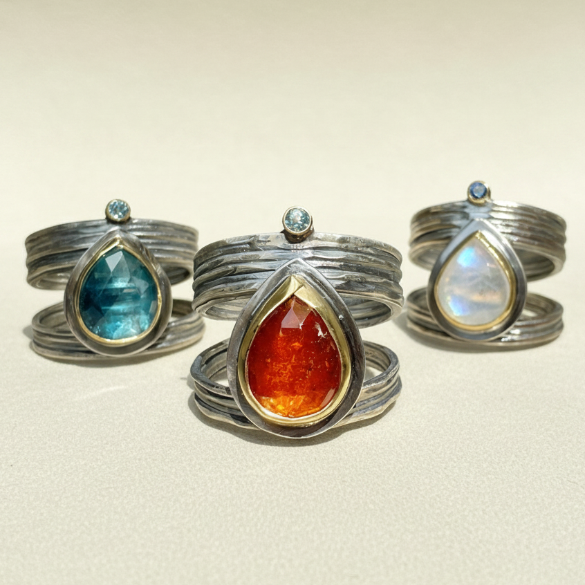 Set of three silver-tone rings with teardrop gemstones and small round accents