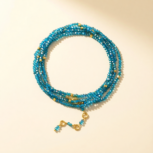 Turquoise apatite gemstone beaded wrap bracelet/necklace with gold clasp and small charms