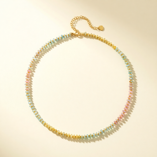 Aquamarine and gold-tone heishi sparkle beaded necklace with lobster clasp