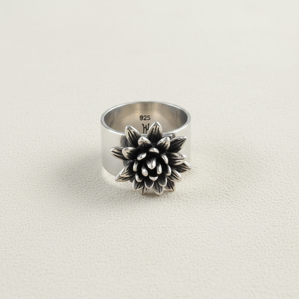 Adjustable silver ring with engraved 925 mark and black-and-white flower detail