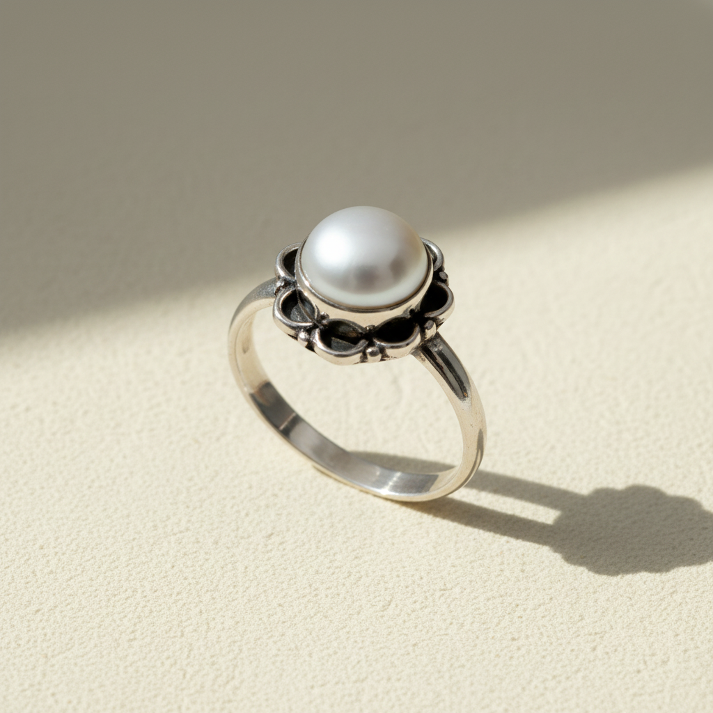 Silver-toned ring featuring a large round white pearl with black prong setting