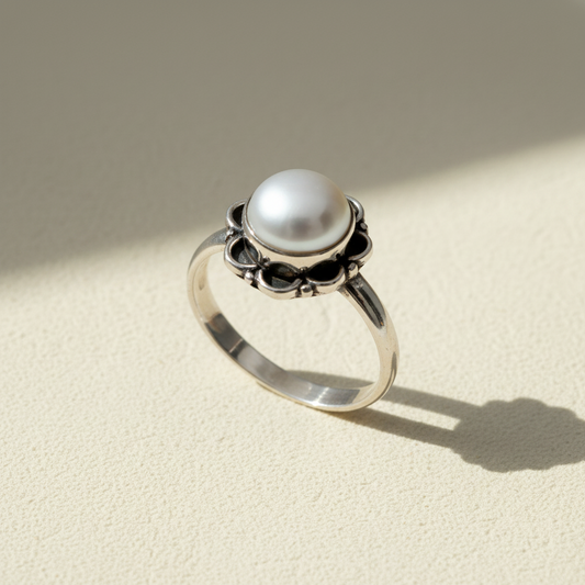 Silver-toned ring featuring a large round white pearl with black prong setting