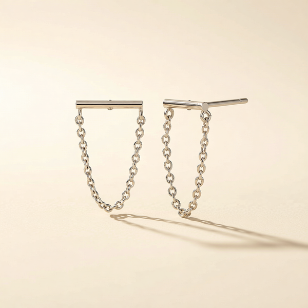 Silver-tone bar and chain stud earrings with U-shaped hanging links