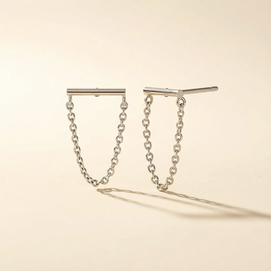 Silver-tone bar and chain stud earrings with U-shaped hanging links