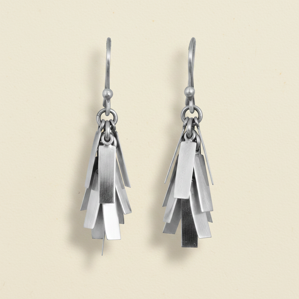 Silver-tone rectangle cluster drop earrings with multiple stacked fringe pieces